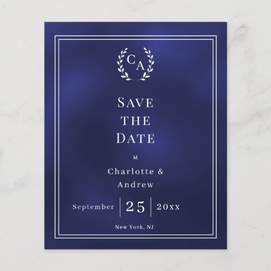 ネイビーブルーのモノグラムバジェットウェディングSave the Date チラシ (正面)