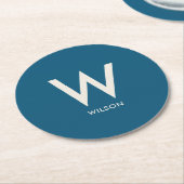 ネイビーブルーのモノグラムパーソナルパーティー ラウンドペーパーコースター (アングル)