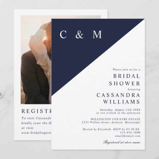 ネイビーブルーのモノグラム写真QRコード ブライダルシャワー 招待状 (正面/裏面)
