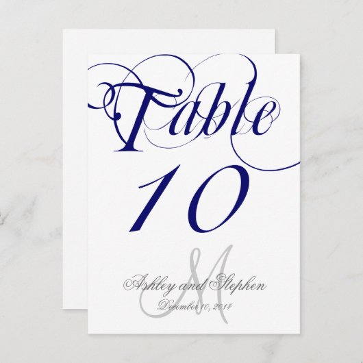 ネイビーブルーのモノグラム結婚式テーブルナンバーカード インビテーションポストカード (正面/裏面)