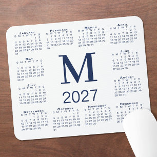 ネイビーブルーのモノグラム 2027年カレンダー ホワイト マウスパッド