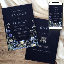 ネイビーブルーのヤグルマギクの野生の花の結婚式QRコード入り 招待状