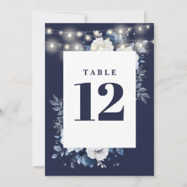 ネイビーブルーのラスティックストリングライト フラワーテーブルナンバー 招待状