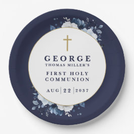 ネイビーブルーのラスティックボーホーフラワーファーストホーリーコミュニオン ペーパープレート