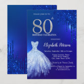 ネイビーブルーのラメ垂れ, ドレスブルー80歳の誕生日 招待状 (正面/裏面)