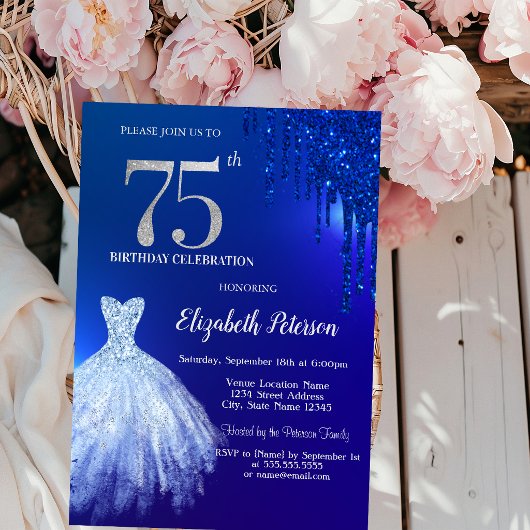 ネイビーブルーのラメ垂れ,Dress Blue 75歳の誕生日 招待状