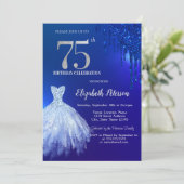 ネイビーブルーのラメ垂れ,Dress Blue 75歳の誕生日 招待状 (スタンド正面)