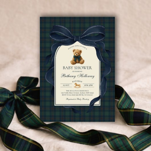 ネイビーブルーのリボンポロテディベア男の子ベビーシャワー 招待状