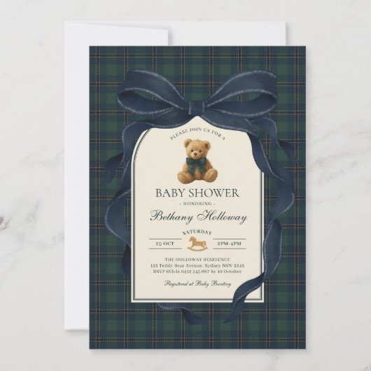 ネイビーブルーのリボンポロテディベア男の子ベビーシャワー 招待状 (正面)