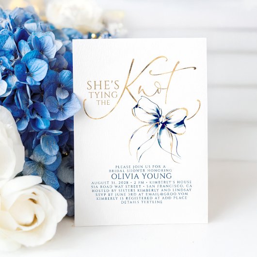 ネイビーブルーのリボン、彼女は結婚式を挙げる ブライダルシャワーパーティー 招待状