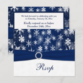 ネイビーブルーのリボン 白い雪の結晶 RSVP 招待状 (正面/裏面)