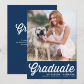 ネイビーブルーのレトロな太字タイポグラフィー写真 卒業のお知らせ 案内状 (正面/裏面)