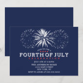 ネイビーブルーのレトロな花火　7月4日パーティー 招待状 (正面/裏面)