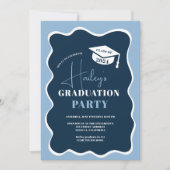 ネイビーブルーのレトロウェーブフレーム写真卒業 招待状 (正面)
