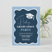 ネイビーブルーのレトロウェーブフレーム写真卒業 招待状 (スタンド正面)