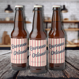 ネイビーブルーのレトロ ブロッシュピンク ストライプ ウェディング ビールラベル
