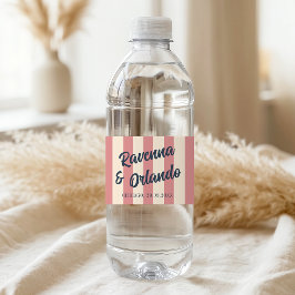ネイビーブルーのレトロ ブロッシュピンク ストライプ ウェディング ペットボトルラベル