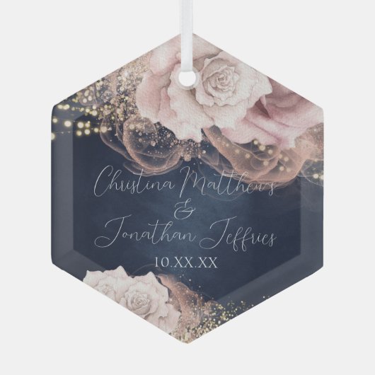 ネイビーブルーのロマンチックな水の色のバラ結婚 ガラスオーナメント (正面)