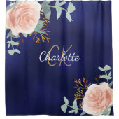 ネイビーブルーのローズゴールドの花と緑のモノグラム名前 シャワーカーテン (正面)