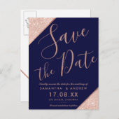 ネイビーブルーのローズゴールドグリッター スクリプトで「Save the Date」 案内ポストカード (正面/裏面)