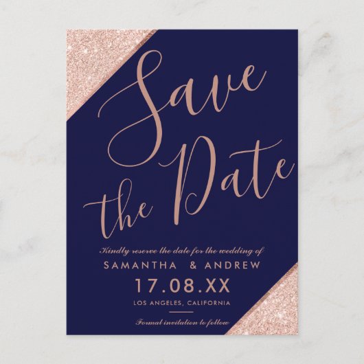 ネイビーブルーのローズゴールドグリッター スクリプトで「Save the Date」 案内ポストカード (正面)