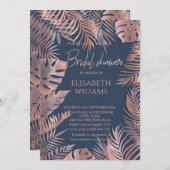 ネイビーブルーのローズゴールド箔 熱帯の葉 ロマンチック 招待状 (正面/裏面)