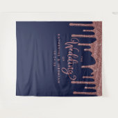 ネイビーブルーのローズゴールド グリッター ウェディング ウェルカム タペストリー (正面(横))