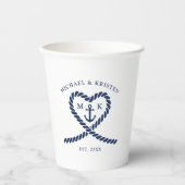 ネイビーブルーのロープハートアンカー モノグラム ウェディング 紙コップ (正面)
