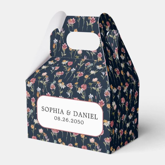 ネイビーブルーのワイルドフラワー ウェディング フェイバーボックス (正面サイド)