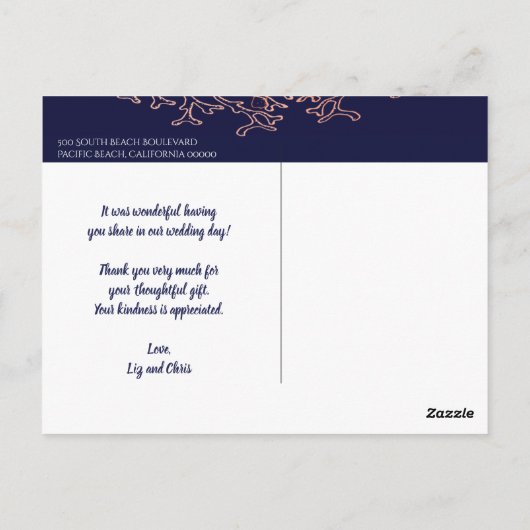 ネイビーブルーのヴィンテージエレガントなコッパー感謝メッセージ ポストカード (裏面)