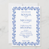 ネイビーブルーのヴィンテージ花柄ボーダー結婚式 招待状 (正面)
