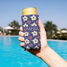 ネイビーブルーのヴィンテージ フラワー柄 オリジナル プリント スリム缶クーラー