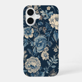 ネイビーブルーのヴィンテージ フラワー ボタニカル柄 iPhone 16ケース