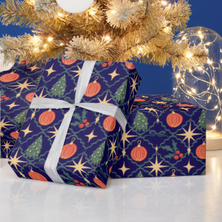 ネイビーブルーのヴィンテージ レトロ オーナメント クリスマス ラッピングペーパー