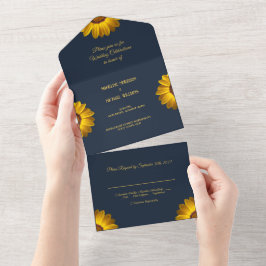 ネイビーブルーの上に黄色の花の背景モノグラム オールインワン招待状