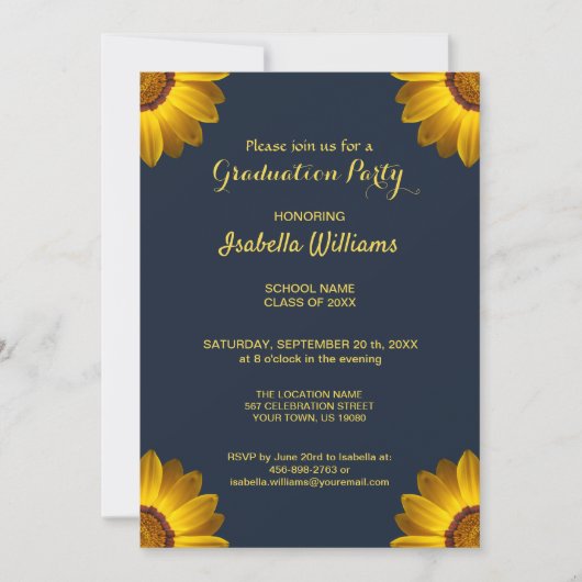 ネイビーブルーの上に黄色の花の背景モノグラム 招待状 (正面)
