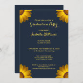 ネイビーブルーの上に黄色の花の背景モノグラム 招待状 (正面/裏面)