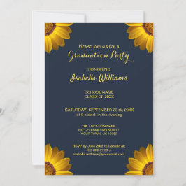 ネイビーブルーの上に黄色の花の背景モノグラム 招待状