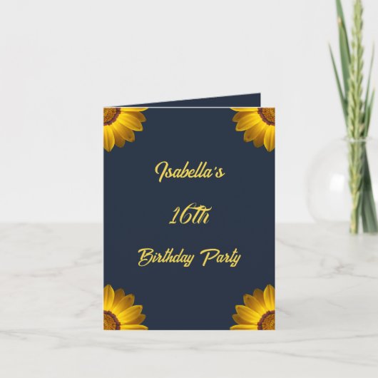 ネイビーブルーの上に黄色の花の背景モノグラム 招待状 (正面)