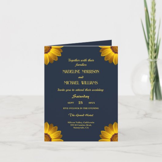 ネイビーブルーの上に黄色の花の背景モノグラム 招待状 (正面)