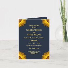 ネイビーブルーの上に黄色の花の背景モノグラム 招待状