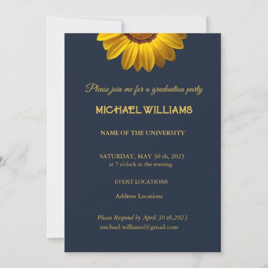 ネイビーブルーの上に黄色の花の背景モノグラム 招待状 (正面)