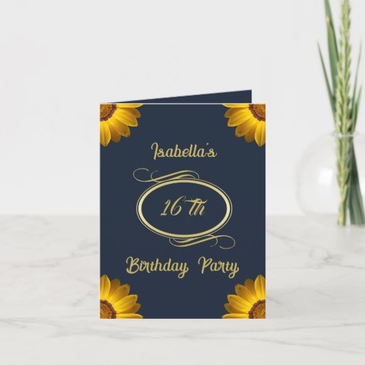 ネイビーブルーの上に黄色の花の背景モノグラム 招待状 (正面)