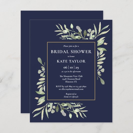 ネイビーブルーの予算グリーンブライズシャワー招待状 (正面/裏面)