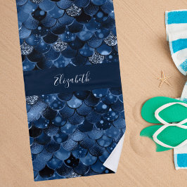 ネイビーブルーの人魚はかりで測名 ビーチタオル