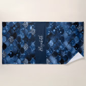 ネイビーブルーの人魚はかりで測名 ビーチタオル (正面)