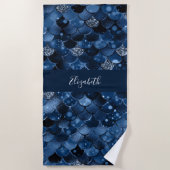 ネイビーブルーの人魚はかりで測名 ビーチタオル (正面)