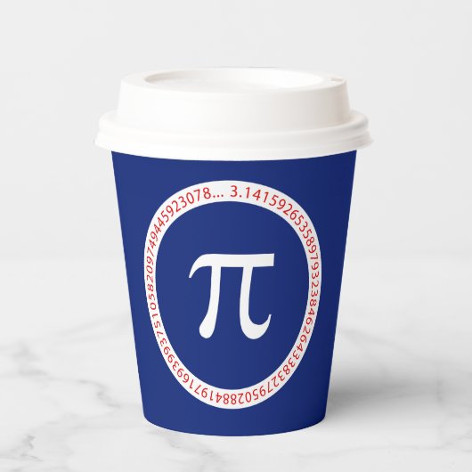 ネイビーブルーの円周内の円周率の記号 紙コップ (正面)