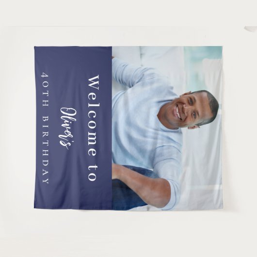 ネイビーブルーの写真の誕生日へようこそ タペストリー (正面(横))