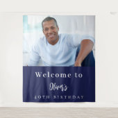 ネイビーブルーの写真の誕生日へようこそ タペストリー (正面)